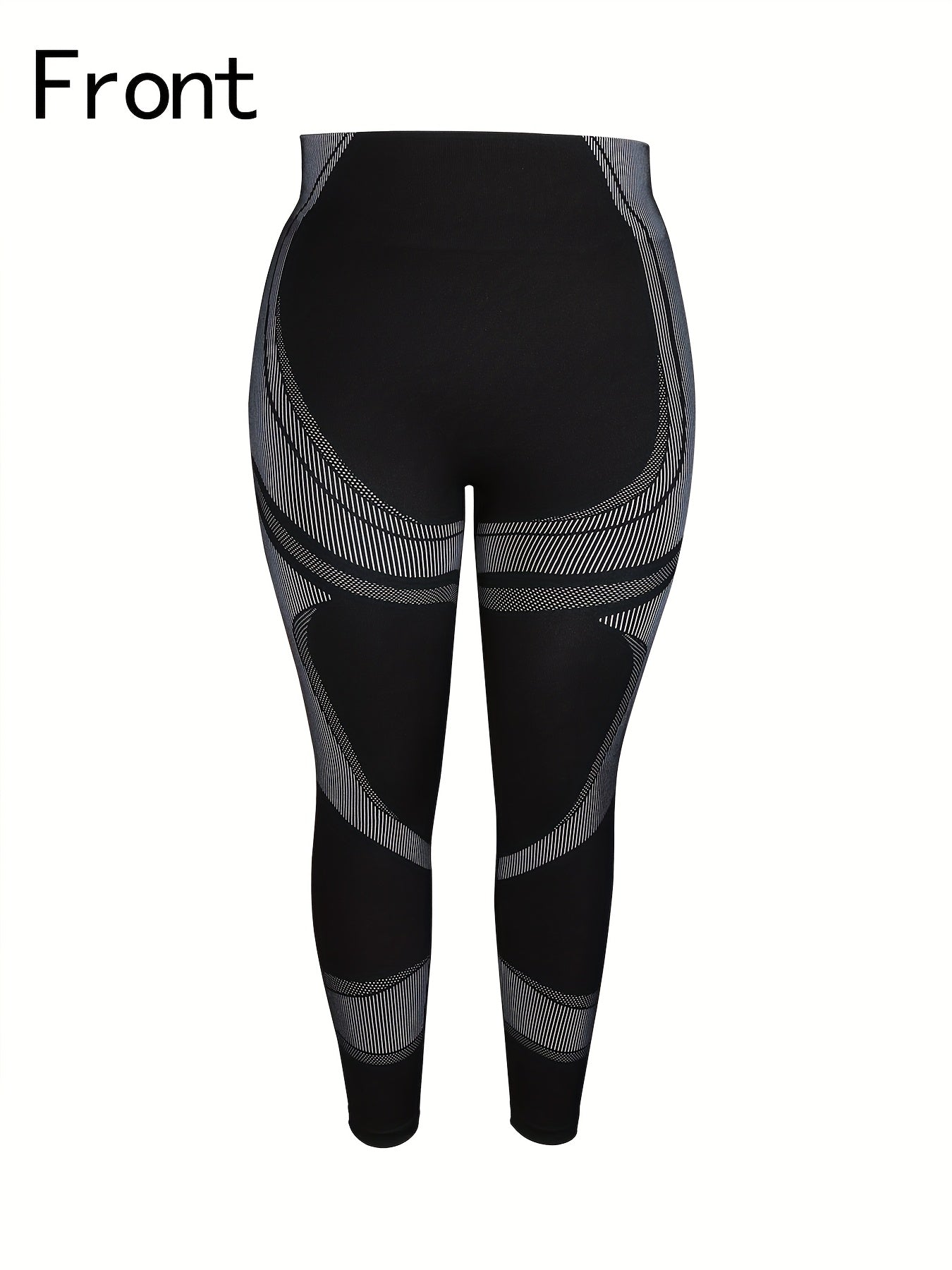 Pantalon de yoga fitness grande taille avec motif rayé noir et blanc, sans couture et taille haute.